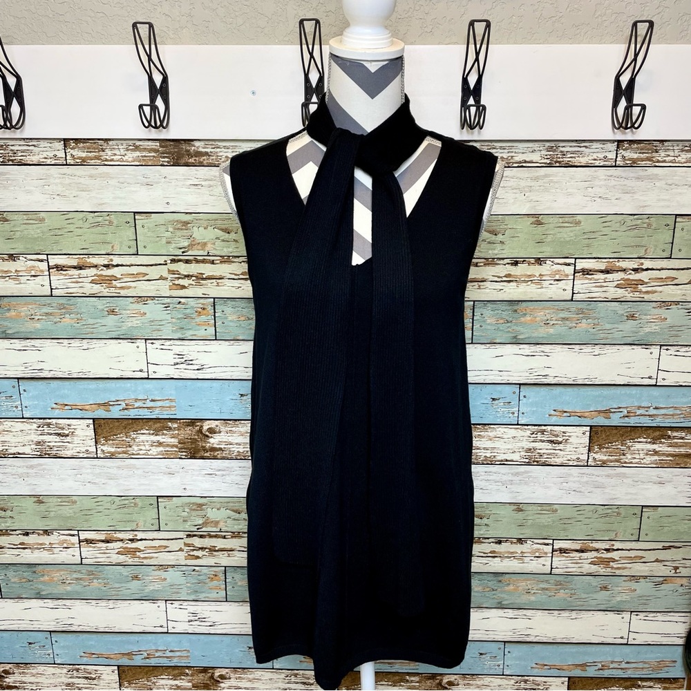 Women’s HANNAH V-Neck Black Tunic Knit Sweater Long Top w/ Neck Tie Size Medium